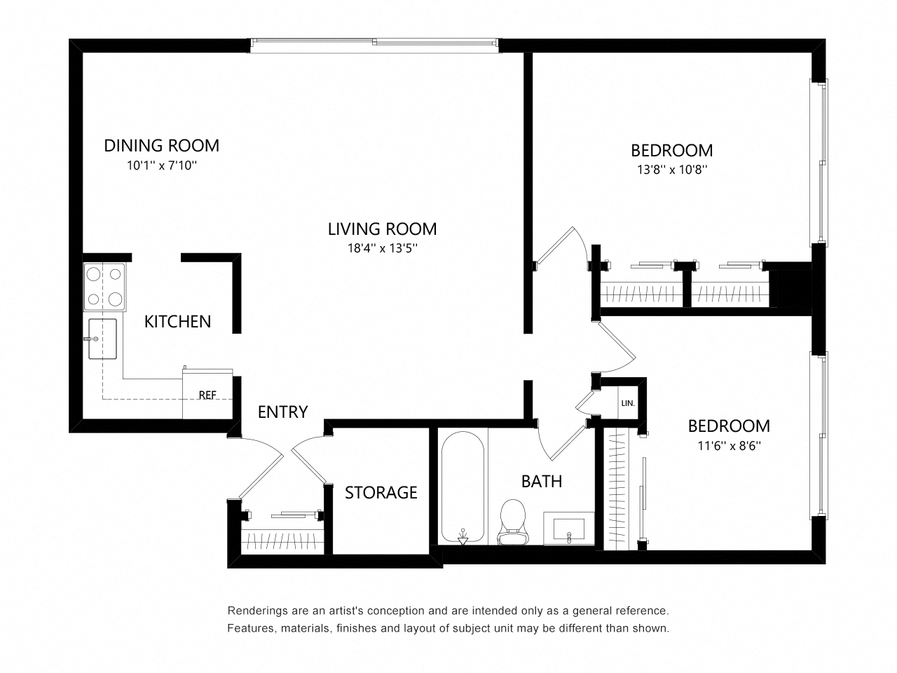 Floor plan for 2 beds, 1 bath, 825 sqft
